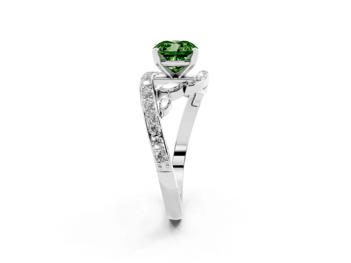 Fancy Green Cushion Cut Diamond Solitaire Ring with Filigree Band and Four-Prong Setting Silver