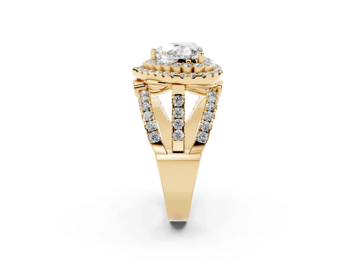 Heart Cut Diamond Double Halo Ring with Round Pavé Split Shank and Prong Setting Yellow gold