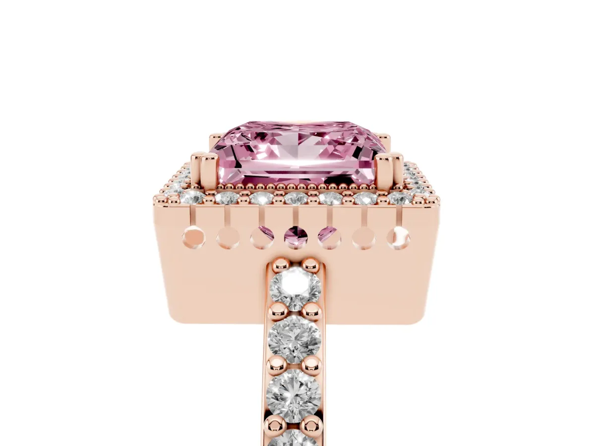 Fancy Pink Princess Cut Cut Diamond Halo Engagement Ring with Milgrain Detail and Pavé Band Rose gold
