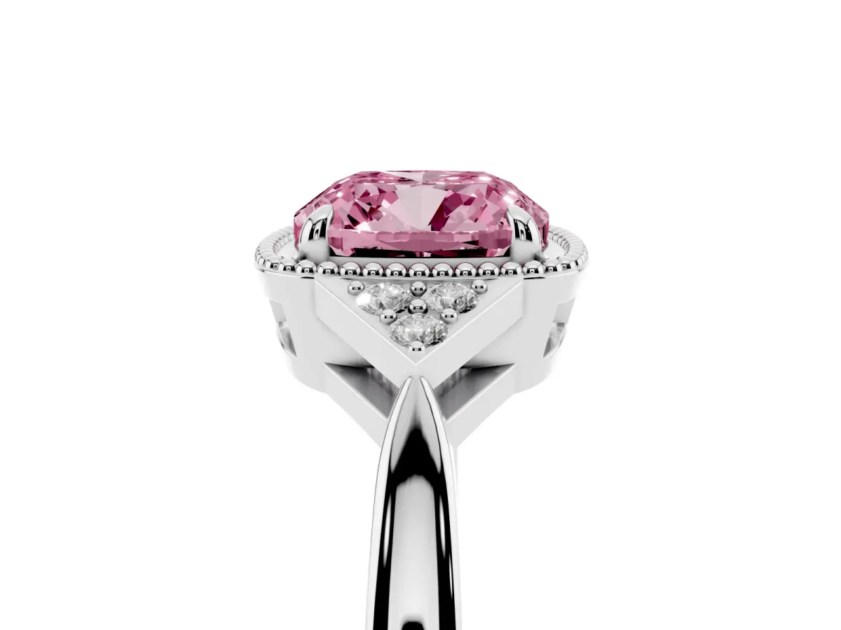 Fancy Pink Hexagonal Halo Cushion Cut Diamond Solitaire with Pavé Band and Four-Prong Setting Silver