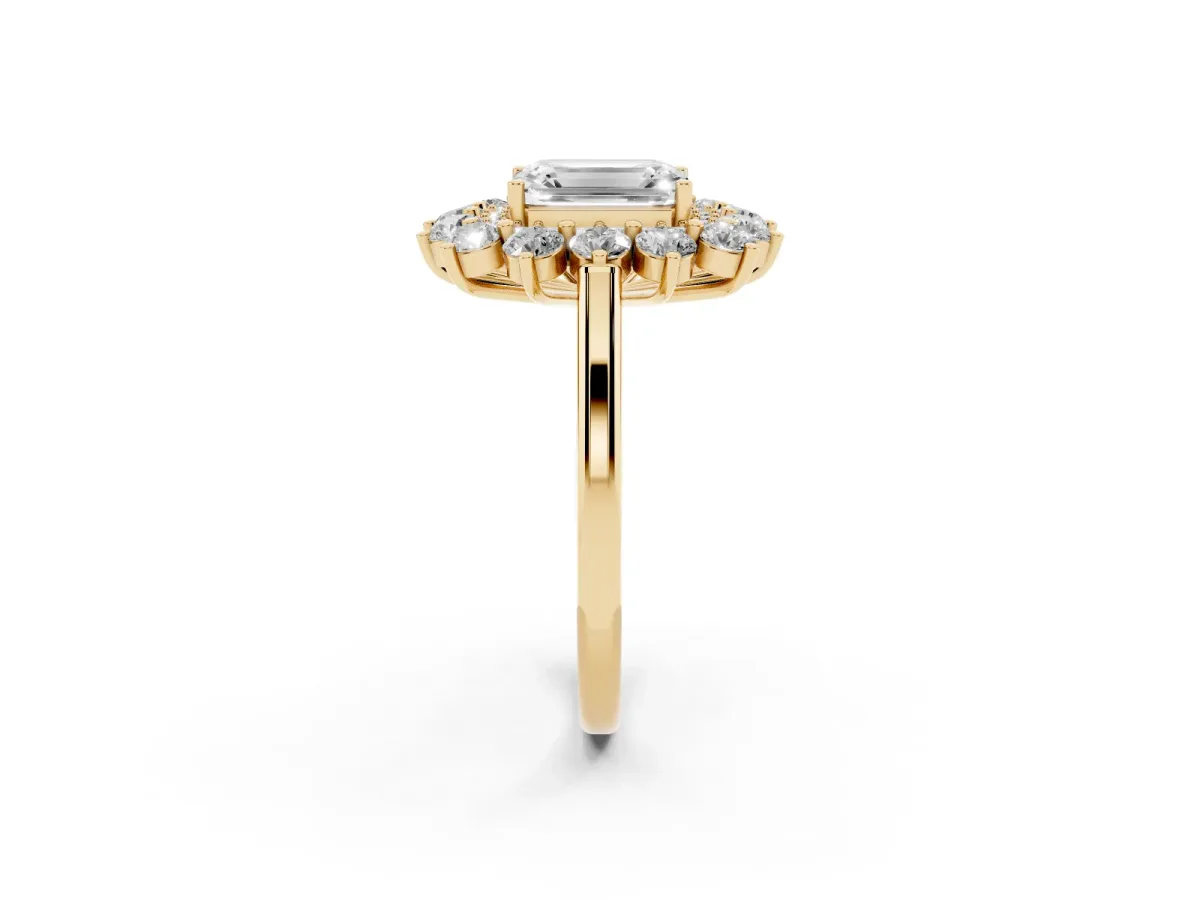 Emerald Cut Diamond Floral Double Halo Engagement Ring with Prong Setting Yellow gold