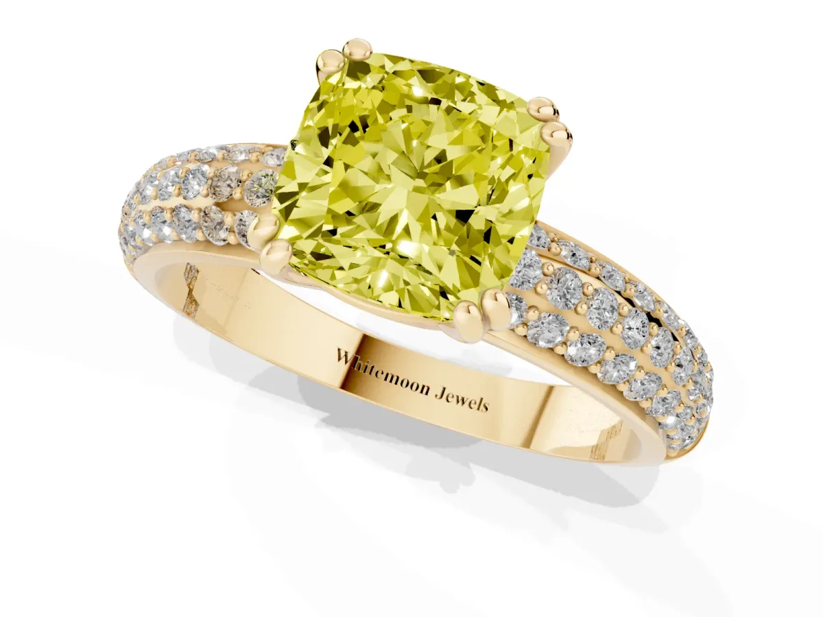 Fancy Yellow Cushion Cut Diamond Solitaire Ring with Multi-Row Round Pavé Band and Prong Setting Yellow gold