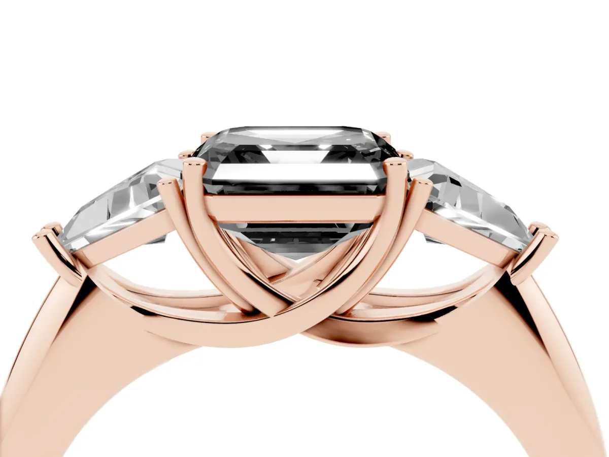 Fancy Black Three-Stone Asscher Cut Diamond Engagement Ring with Trillion Side Stones and Prong Setting Rose gold