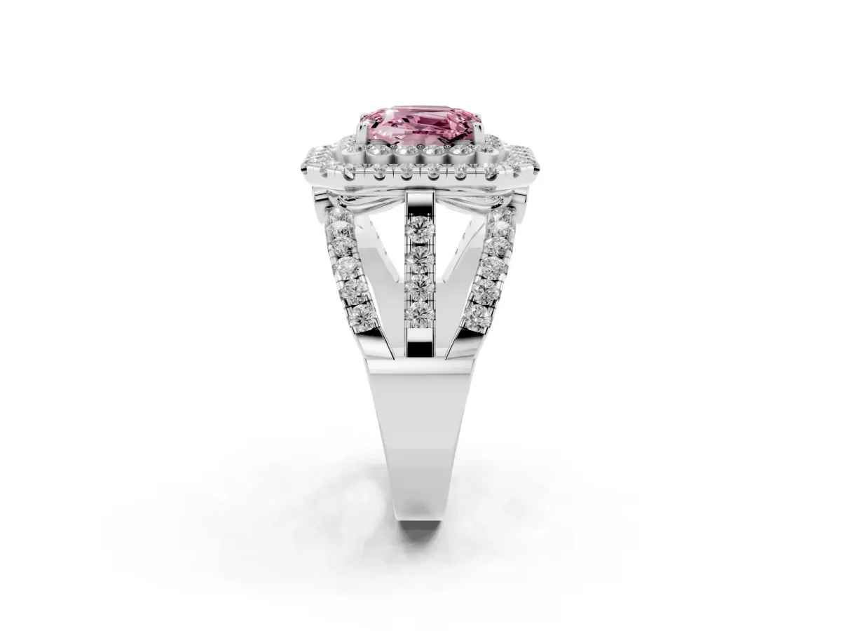 Fancy Pink Emerald Cut Diamond Double Halo Ring with Round Pavé Split Shank and Prong Setting Silver