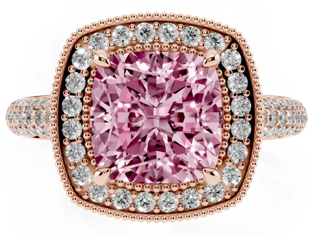 Fancy Pink Cushion Cut Cut Halo Diamond Pave Band with Four-Prong Setting Rose gold