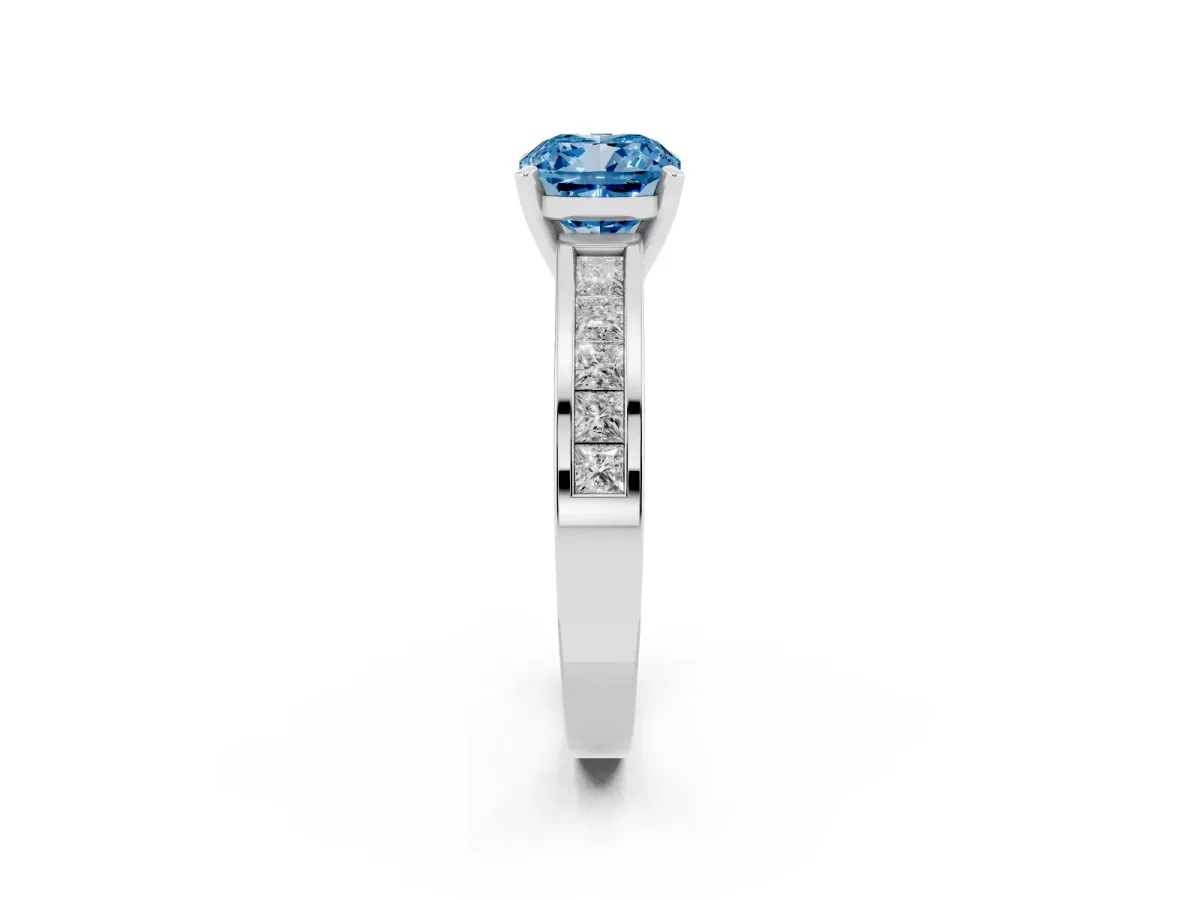 Fancy Blue Cushion Cut Solitaire Diamond Ring with Channel-Set Band and Four-Prong Setting Silver