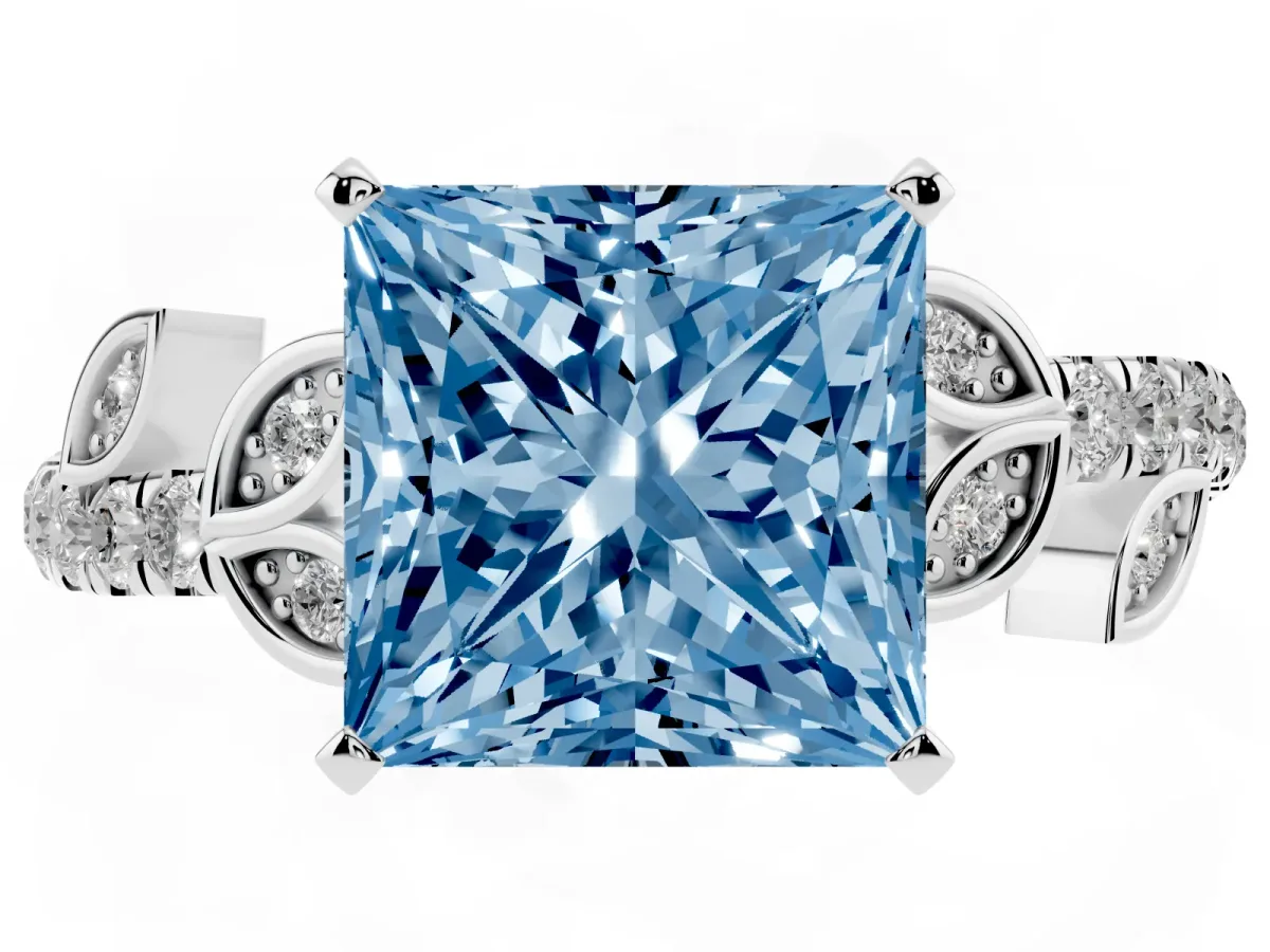 Fancy Blue Princess Cut Solitaire Leaf-Inspired Diamond Ring with Pavé Band and Four-Prong Setting Silver