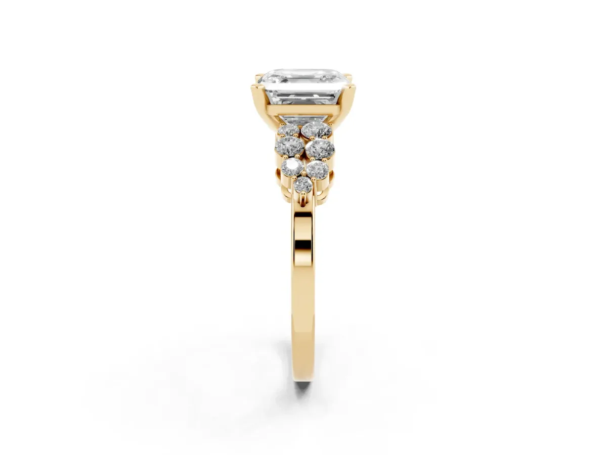 Asscher Cut Cluster Diamond Engagement Ring with Pavé Band and Four-Prong Setting Yellow gold