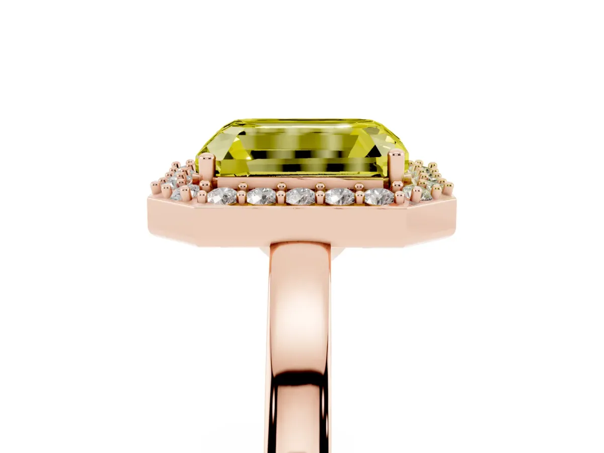 Fancy Yellow Radiant Cut Halo Diamond Ring with Solitaire Band and Prong Setting Rose gold