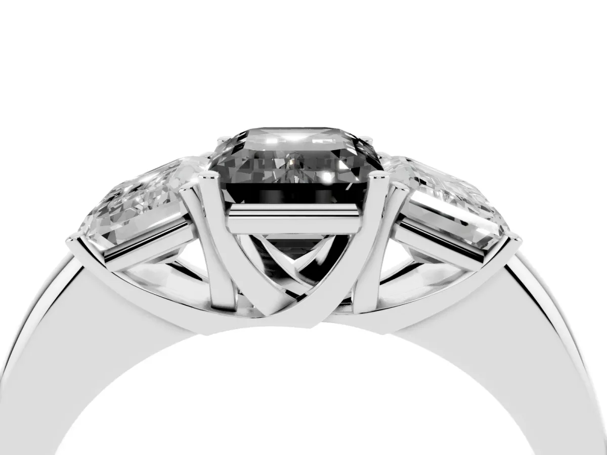 Fancy Black Emerald Cut Diamond Three-Stone Ring with Four-Prong Setting and Classic Band Silver