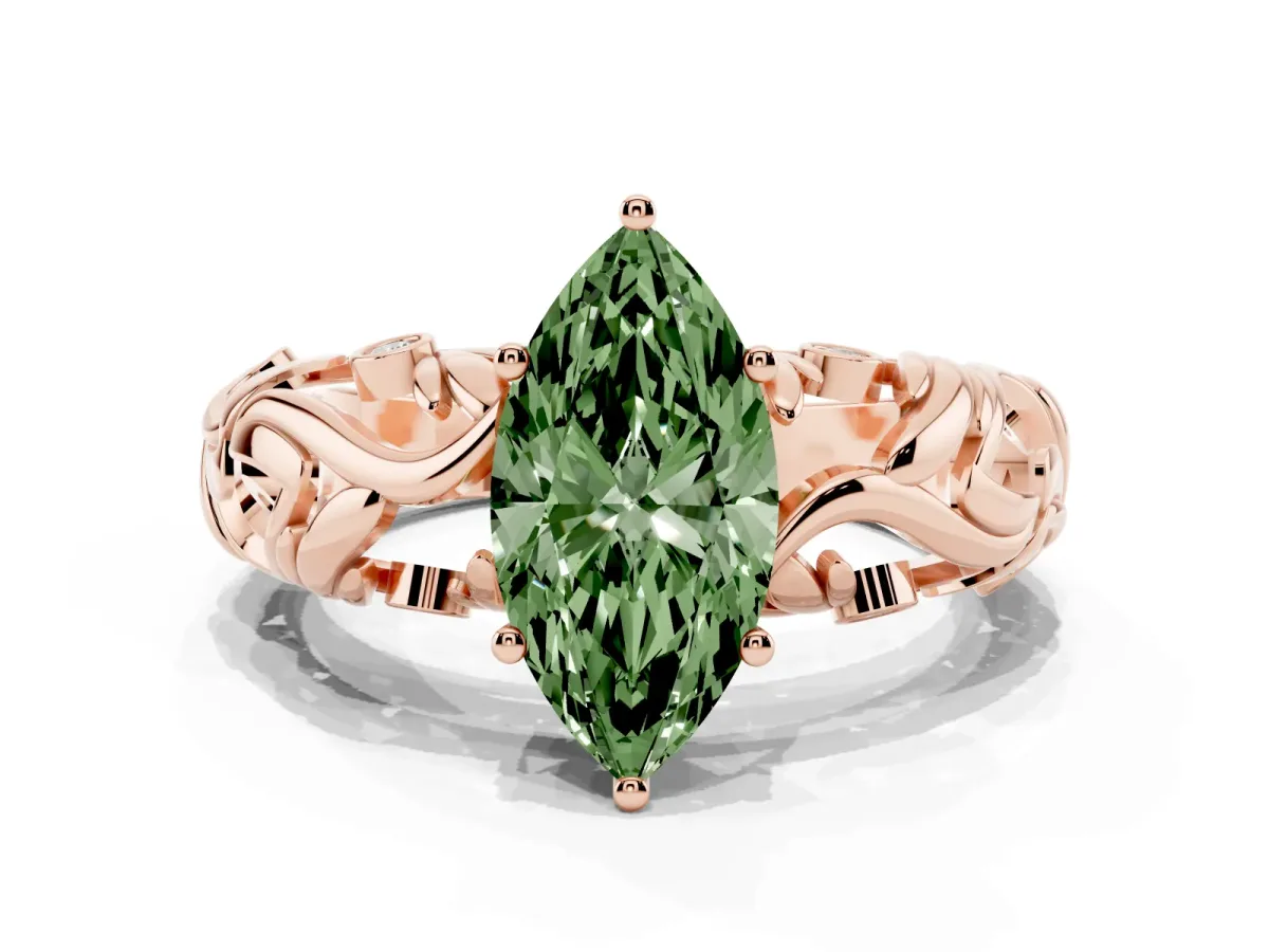 Fancy Green Marquise Cut Solitaire Diamond Leaf-Inspired Vine Band Ring with Prong Setting Rose gold