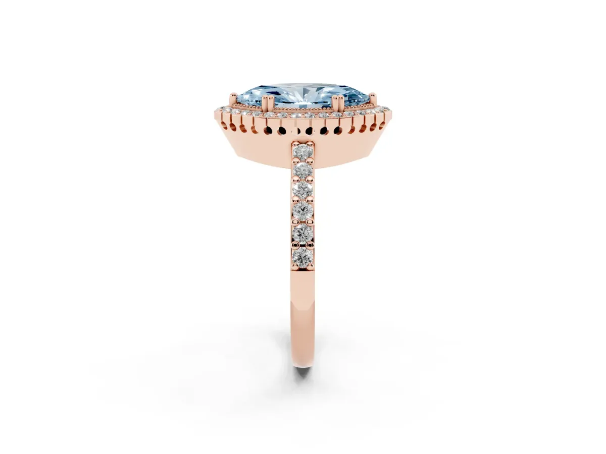 Fancy Blue Marquise Cut Cut Diamond Halo Engagement Ring with Milgrain Detail and Pavé Band Rose gold