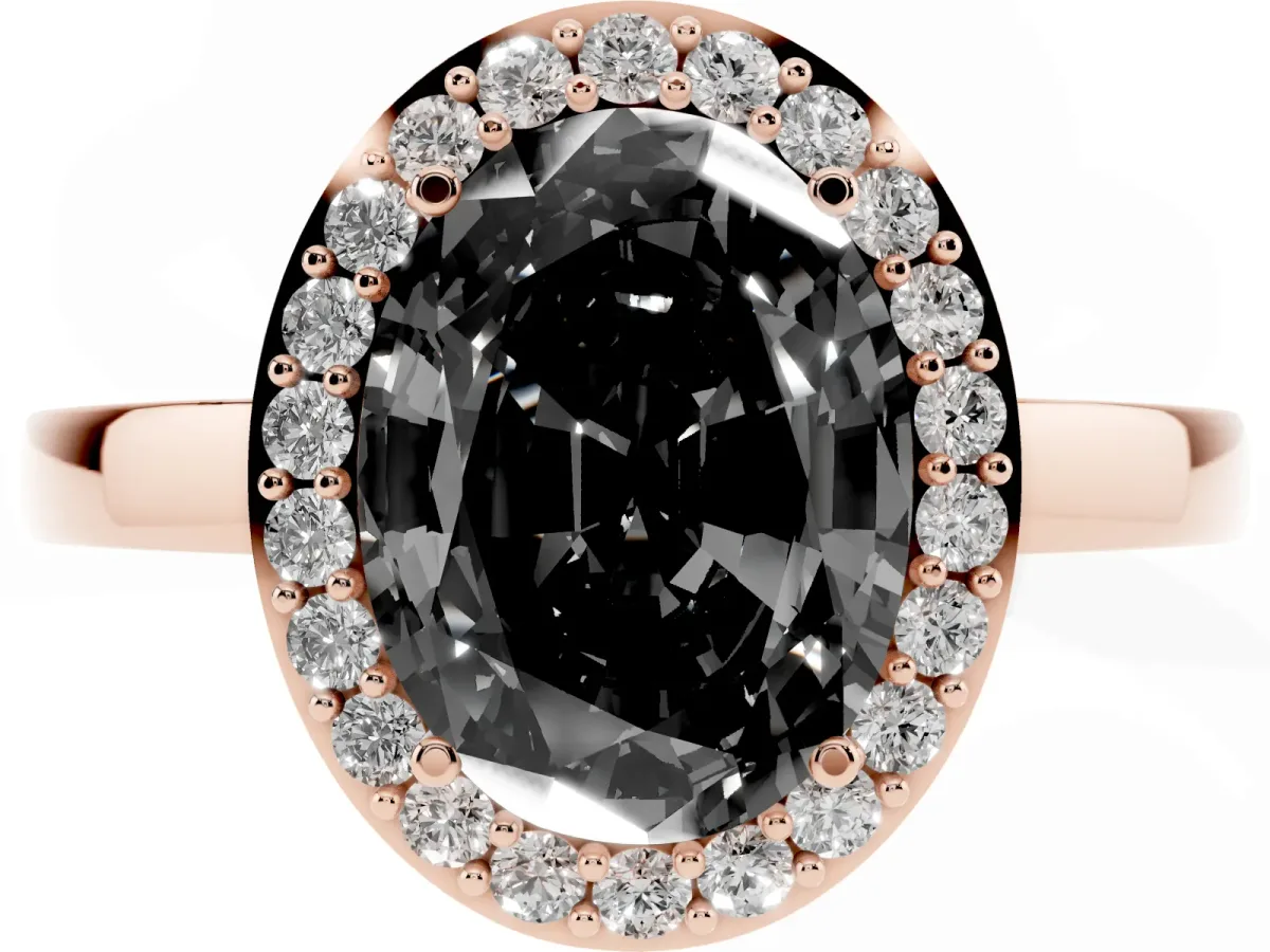 Fancy Black Oval Cut Halo Diamond Ring with Solitaire Band and Prong Setting Rose gold