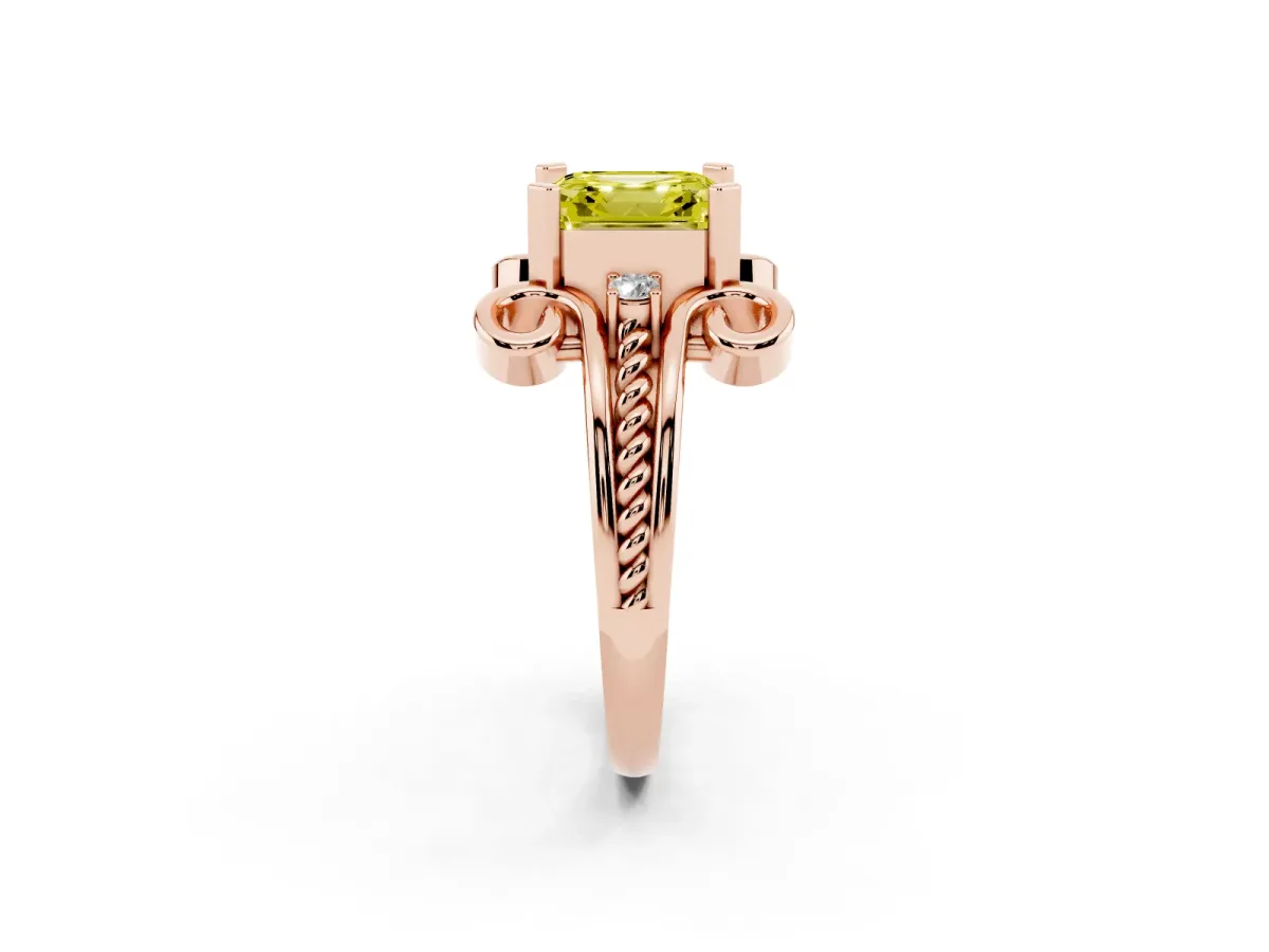 Fancy Yellow Asscher Cut Solitaire Twisted Band Scroll Prong Ring Rose gold