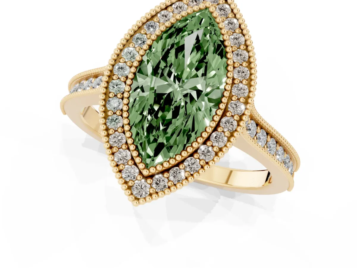 Fancy Green Halo Marquise Cut-Cut Diamond Pave Band Milgrain Prong Setting Ring Yellow gold