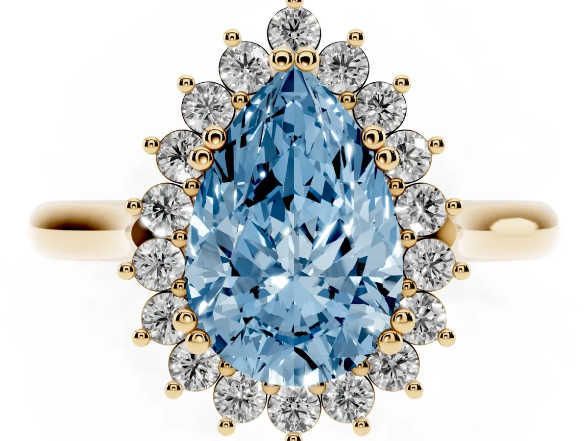 Fancy Blue Pear Cut Cut Diamond Halo Ring with Solitaire Band and Prong Setting Yellow gold