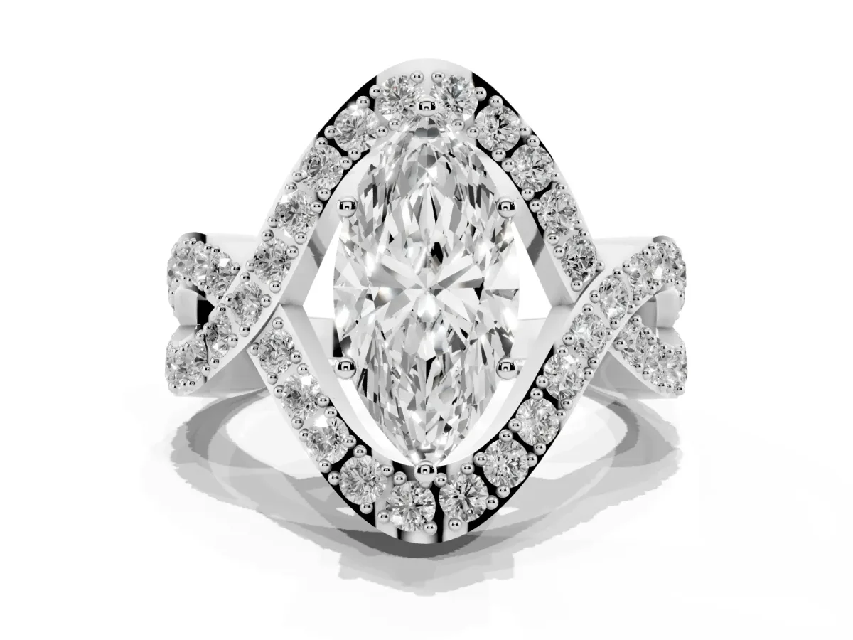 Marquise Cut Solitaire Twist Band Pavé Diamond Engagement Ring Silver