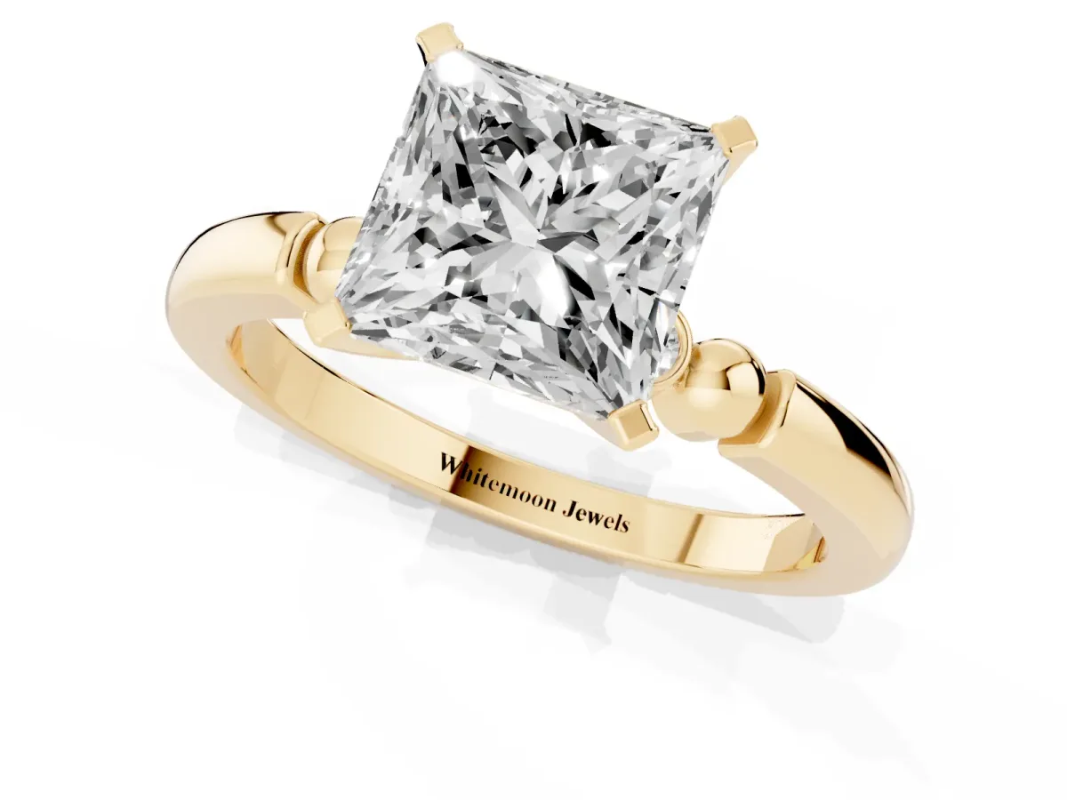 Princess Cut Solitaire Beaded Band with Four-Prong Setting Yellow gold