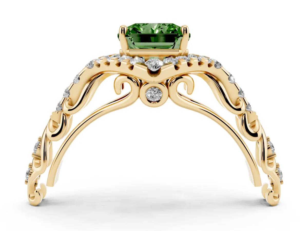 Fancy Green Radiant Cut Diamond Solitaire Ring with Hidden Halo and Pavé Band Yellow gold