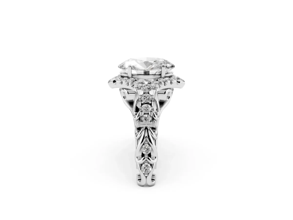 Oval Cut Diamond Solitaire Ring with Hidden Halo and Pavé Band Silver