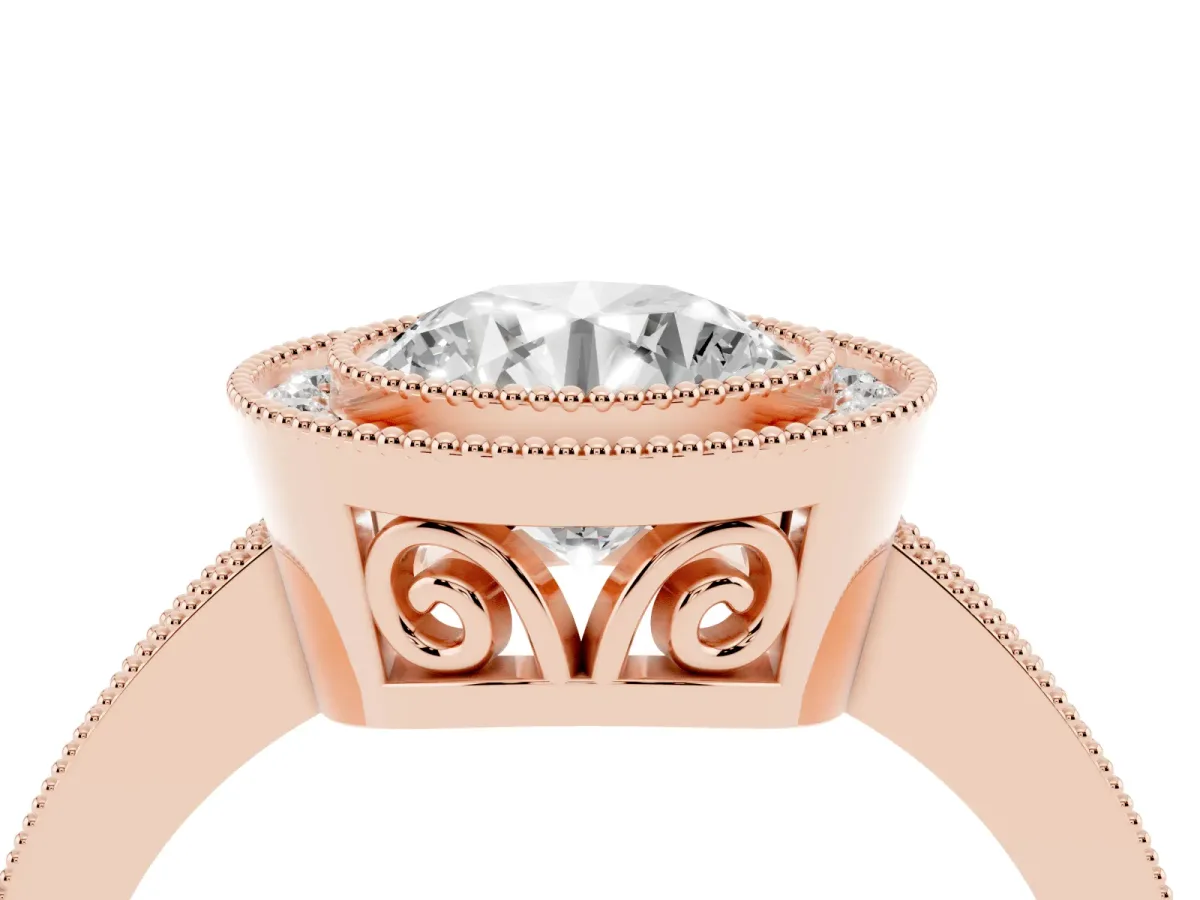 Round Cut Cut Halo Diamond Ring with Pavé Band and Milgrain Prong Setting Rose gold