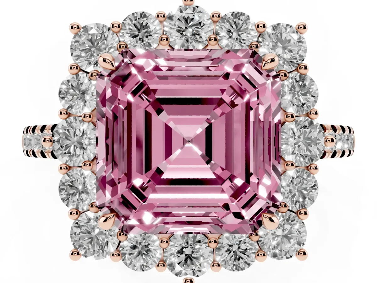 Fancy Pink Asscher Cut Halo Diamond Ring with Pavé Band and Prong Setting Rose gold