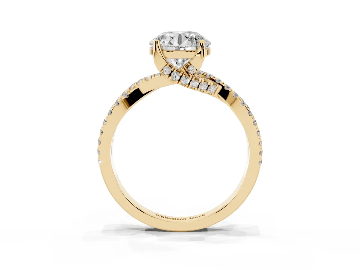 Round Cut Solitaire Twist Pave Diamond Engagement Ring with Prong Setting Yellow gold