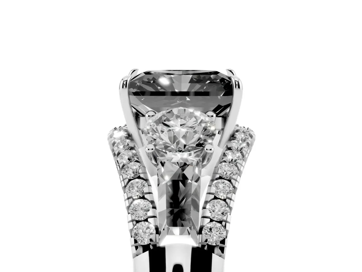 Fancy Black Three-Stone Radiant Cut Diamond Engagement Ring with Pave Band and Prong Setting Silver