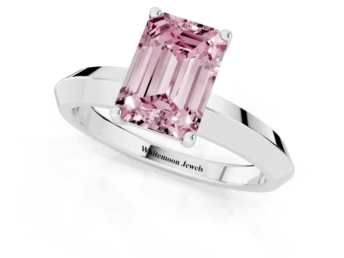 Fancy Pink Emerald Cut Cut Solitaire Engagement Ring with Flat Band and Four-Prong Setting Platinum