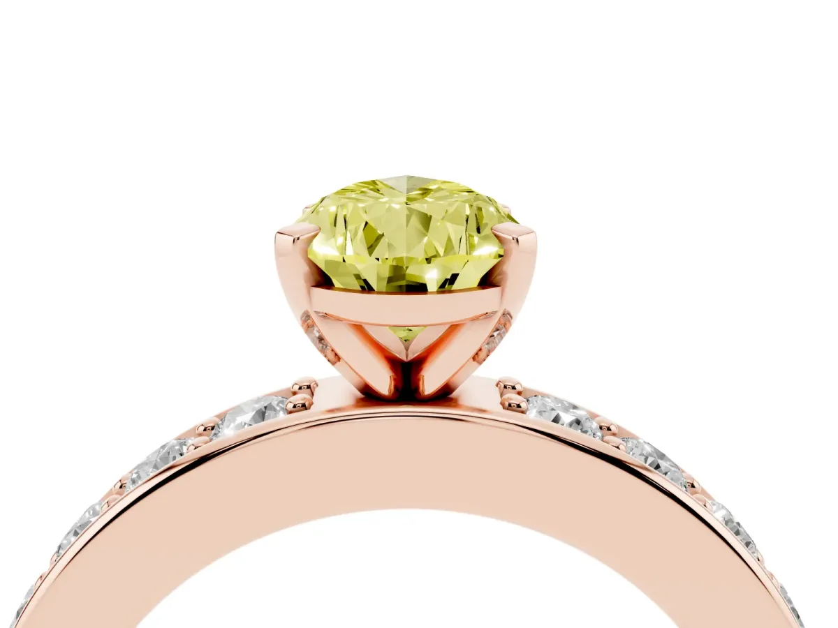 Fancy Yellow Pear Cut Diamond Engagement Ring with Channel Set Round Band and Prong Setting Rose gold