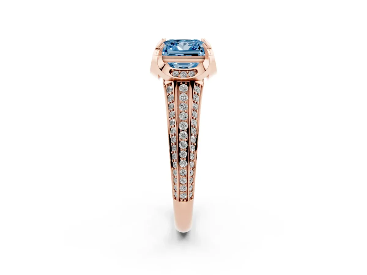 Fancy Blue Princess Cut Solitaire Pave Split Shank Ring with Four-Prong Setting Rose gold