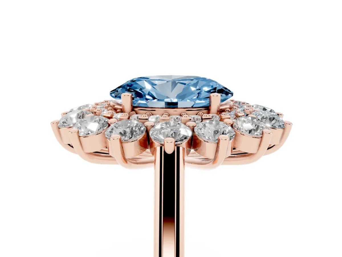 Fancy Blue Oval Cut Diamond Floral Double Halo Engagement Ring with Prong Setting Rose gold