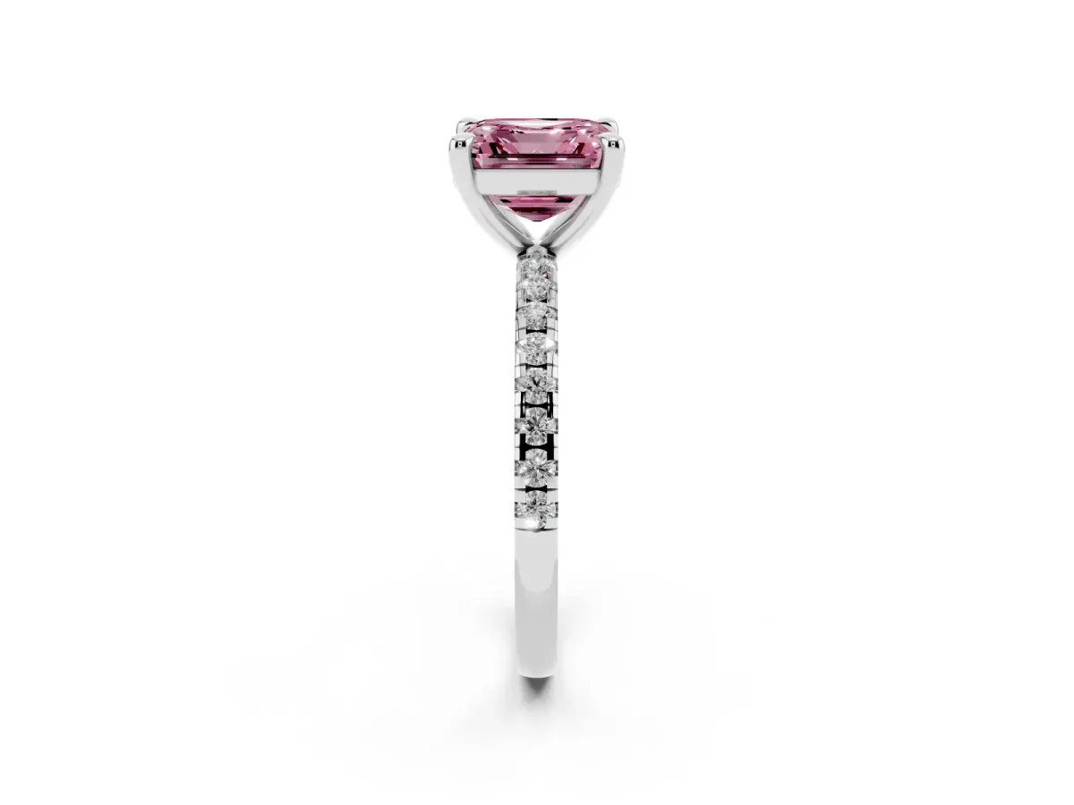 Fancy Pink Asscher Cut Diamond Brilliant Solitaire Ring with Pavé Band and Four-Prong Setting Silver
