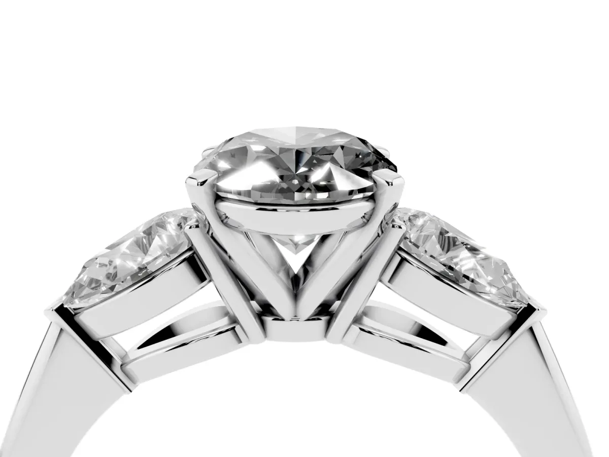 Fancy Black Three-Stone Oval Cut Diamond Ring with Pear Side Stones and Four-Prong Setting Silver