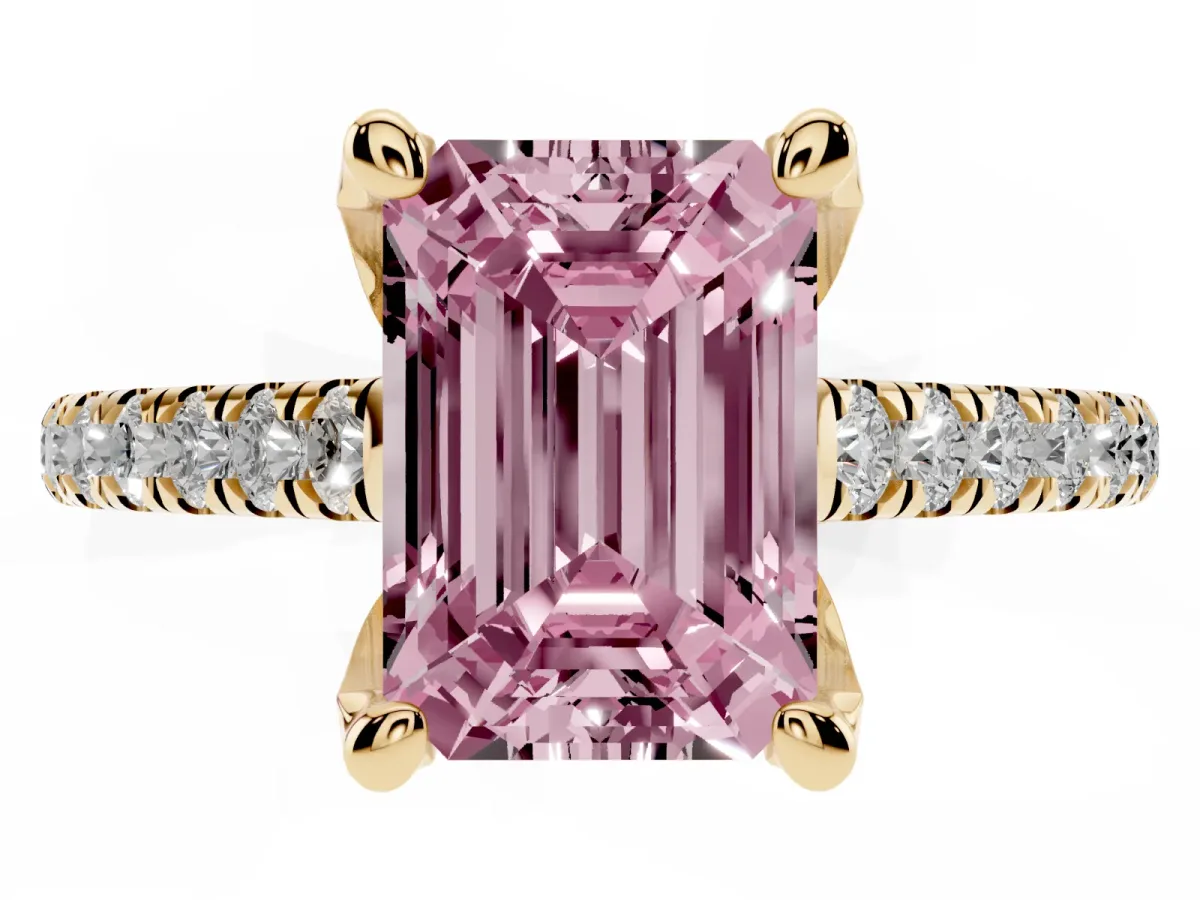 Fancy Pink Emerald Cut Brilliant Diamond Solitaire with Pavé Band and Four-Prong Setting Yellow gold