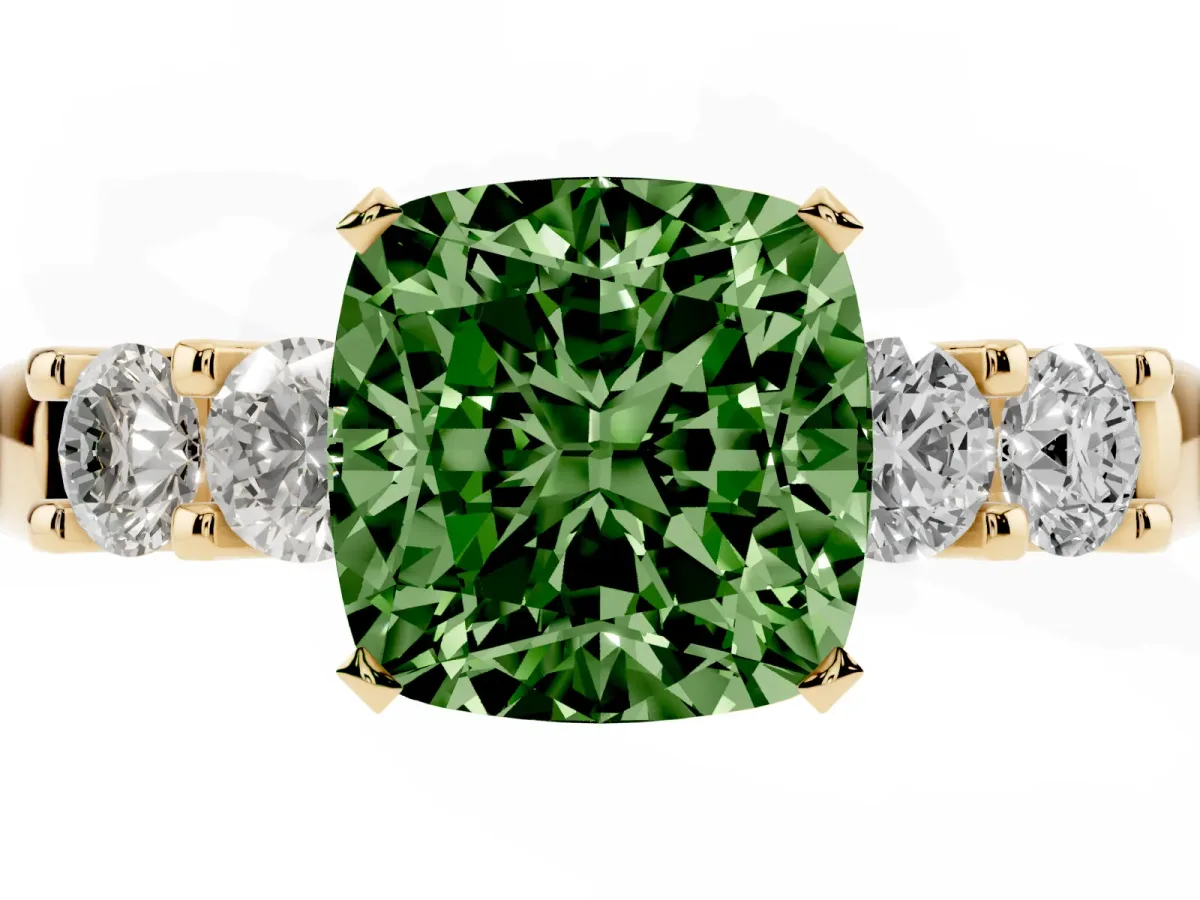 Fancy Green Cushion Cut Brilliant Cut Diamond Five-Stone Prong Set Engagement Ring with Channel Band Yellow gold