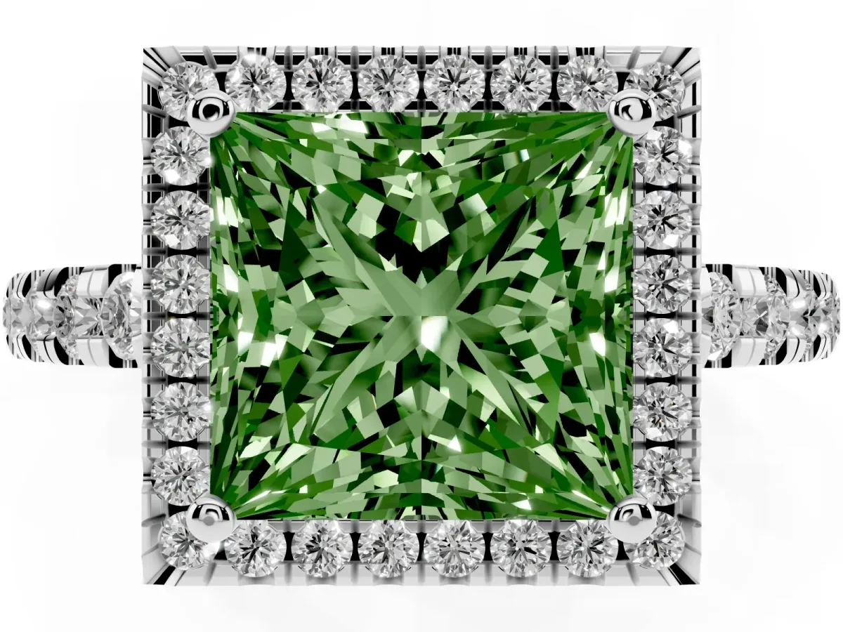 Fancy Green Princess Cut Diamond Halo Ring with Pavé Band and Four-Prong Setting Platinum