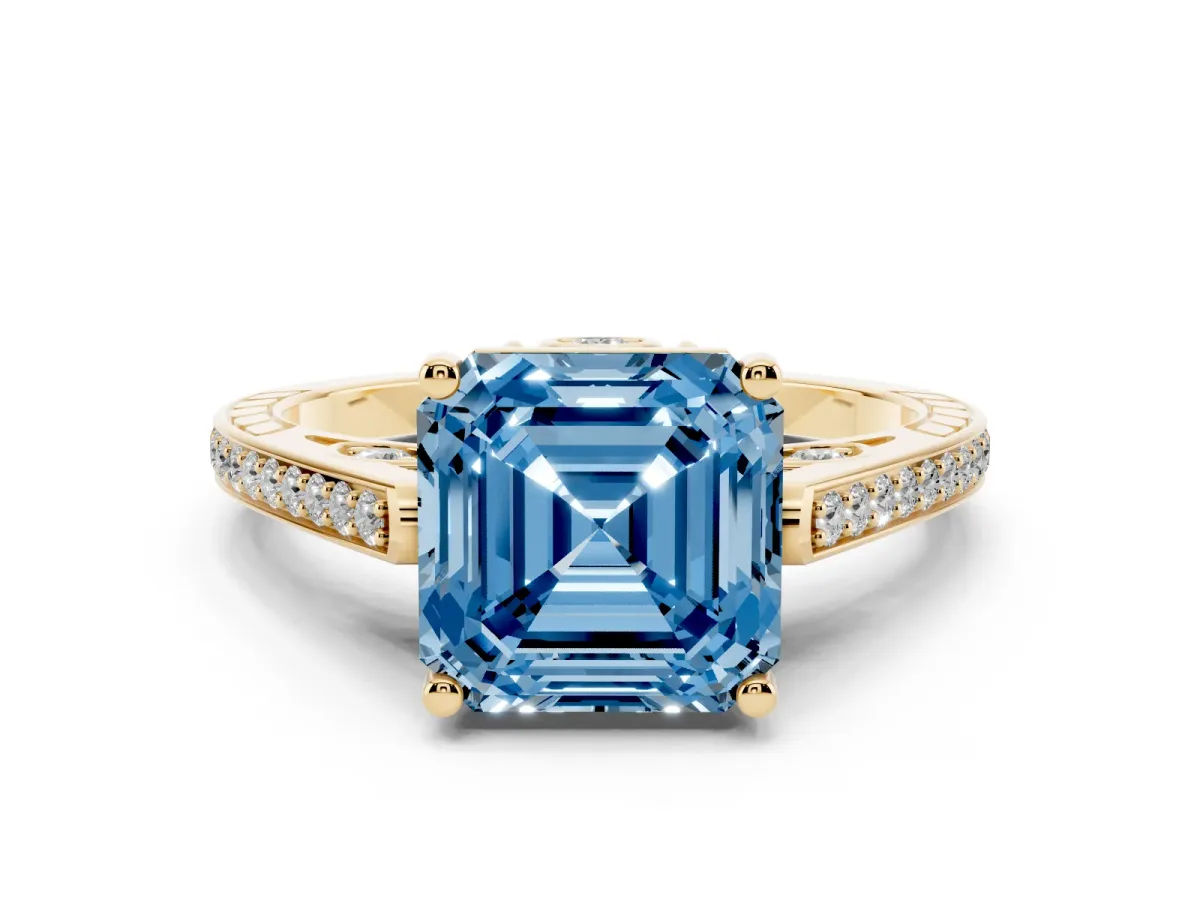 Fancy Blue Asscher Cut Cut Cathedral Pave Diamond Engagement Ring with Six-Prong Setting Yellow gold
