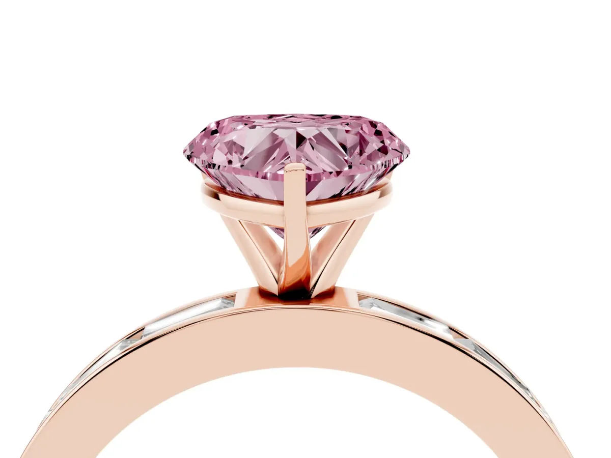 Fancy Pink Heart Cut Solitaire Diamond Ring with Channel-Set Baguette Band and Four-Prong Setting Rose gold
