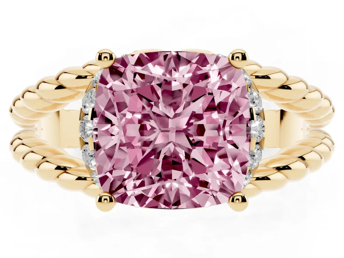 Fancy Pink Cushion Cut Halo Twisted Band Four-Prong Ring Yellow gold