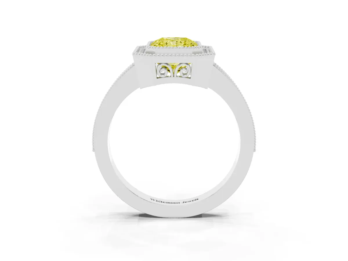 Fancy Yellow Radiant Cut Cut Halo Diamond Ring with Pavé Band and Milgrain Prong Setting Platinum
