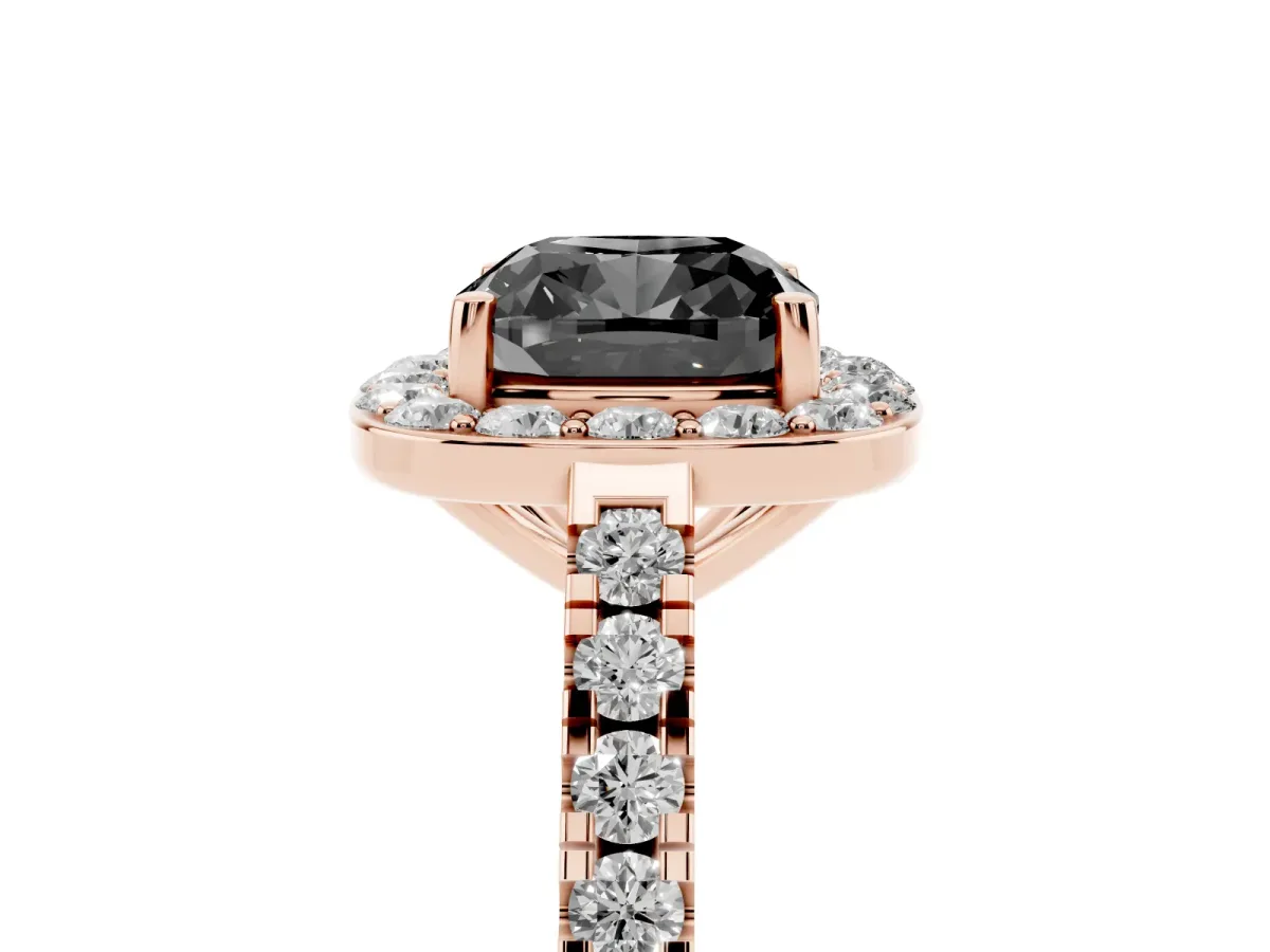 Fancy Black Cushion Cut Diamond Halo Ring with Round Pavé Split Shank and Prong Setting Rose gold