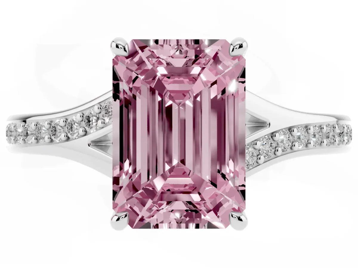 Fancy Pink Emerald Cut Diamond Solitaire Ring with Pavé Band and Prong Setting Silver