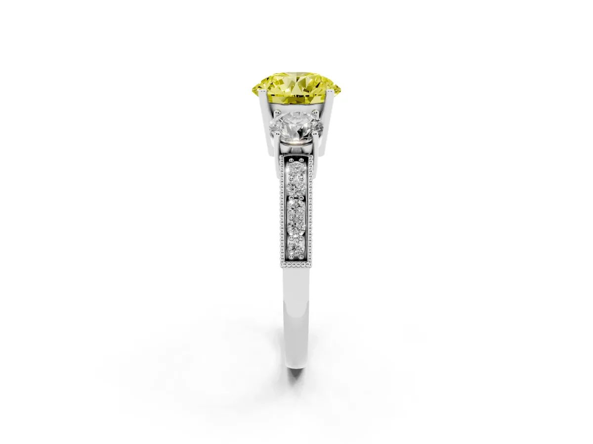 Fancy Yellow Round Cut Three-Stone Diamond Ring with Pavé Band and Four-Prong Setting Silver