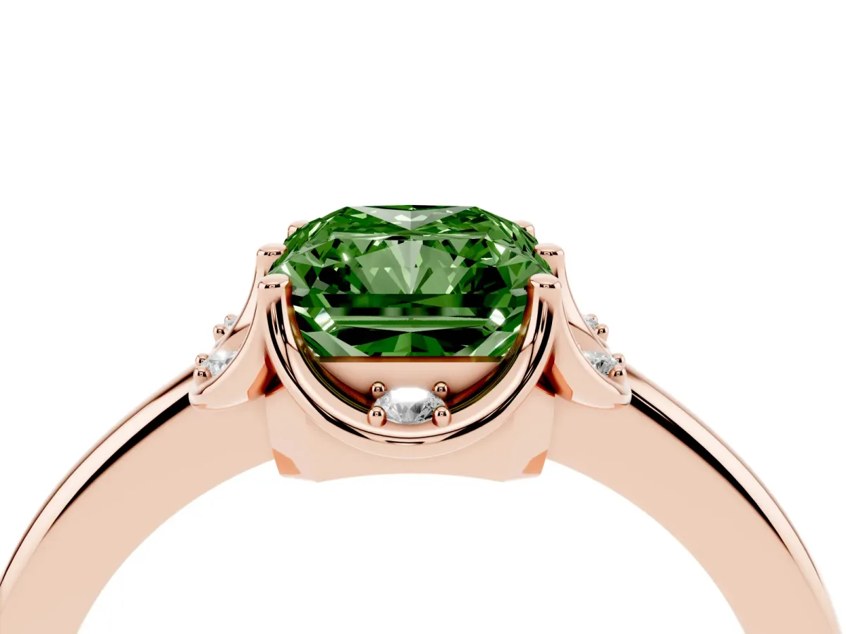 Fancy Green Radiant Cut Halo Diamond Ring with Round Cluster Setting, Solitaire Band, and Four-Prong Setting Rose gold
