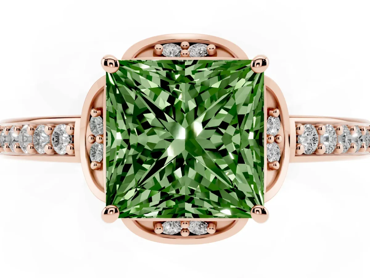 Fancy Green Princess Cut Cut Halo Diamond Ring with Channel Set Band and Four-Prong Setting Rose gold