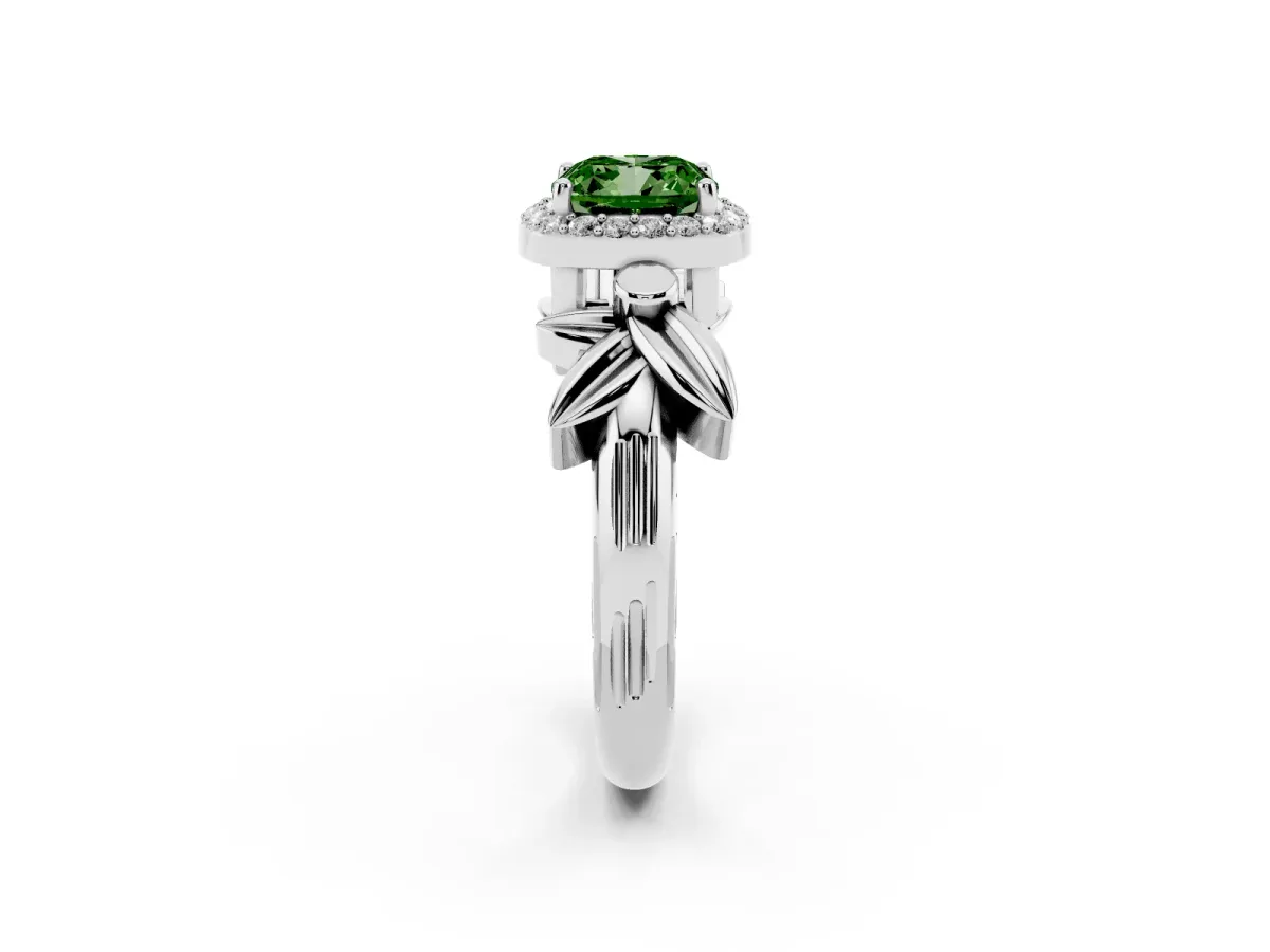 Fancy Green Cushion Cut Halo Diamond Floral Band with Four-Prong Setting White gold