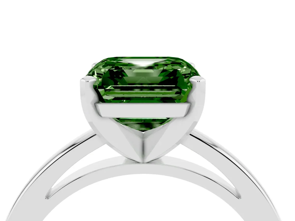Fancy Green Asscher Cut Solitaire Diamond Engagement Ring with Four-Prong Setting on a Classic Band Silver