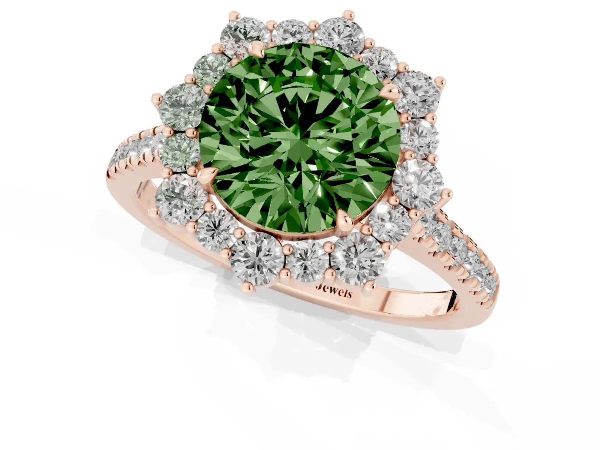 Fancy Green Round Cut Halo Diamond Ring with Pavé Band and Prong Setting Rose gold