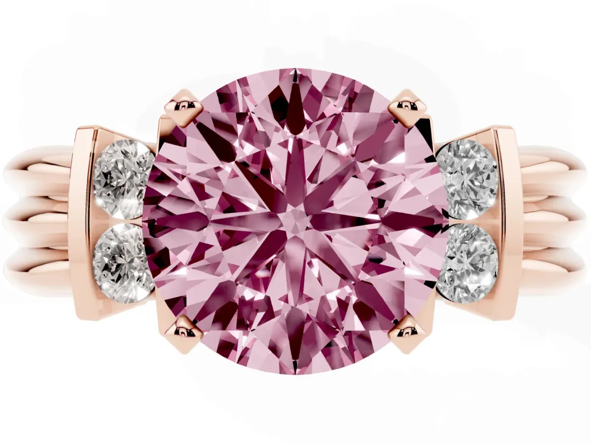 Fancy Pink Round Cut Cut Three-Stone Channel Set Ring with Bar Prongs Rose gold